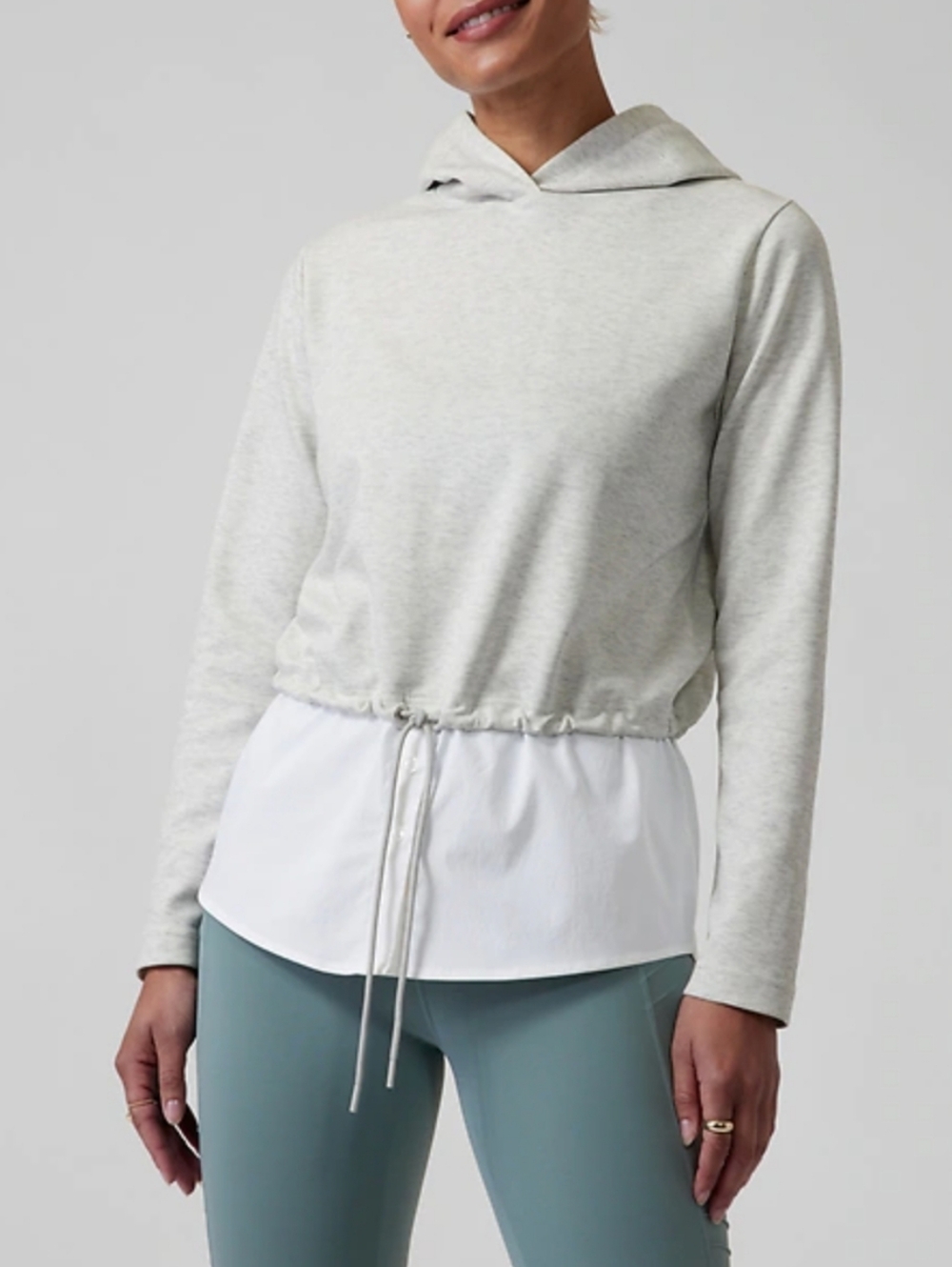 Athleta Gallery Hoodie Top S Gray White Layered Hem Lightweight EUC Like New